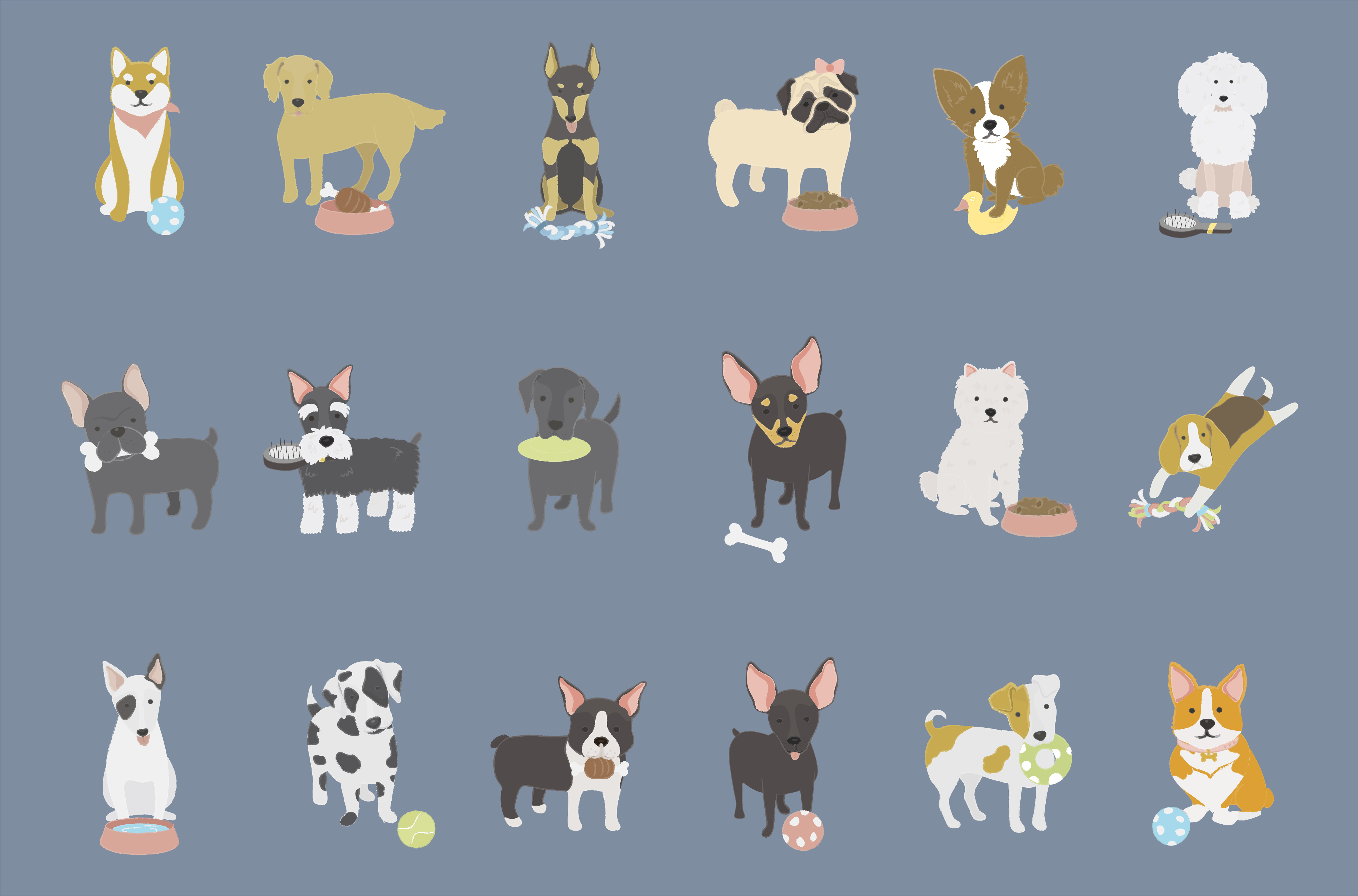 Cartoon of 18 dog breeds